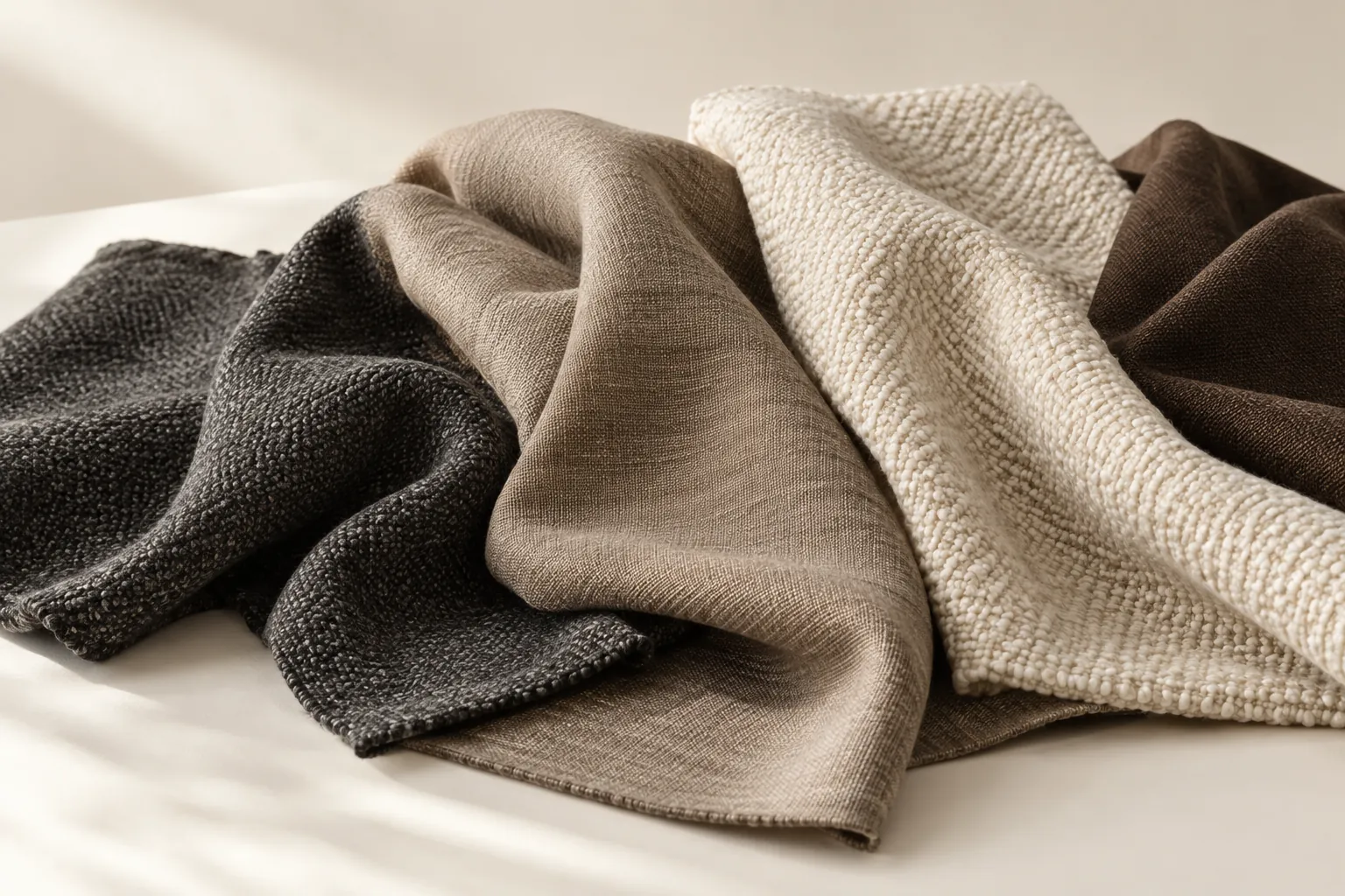 Materialstudie mit cremefarbenen, taupefarbenen und dunklen Bezugsstoffen